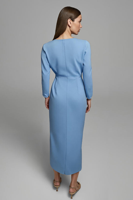 Sky Blue Ruched Pencil V-Neck Long Work Dress with Sleeves