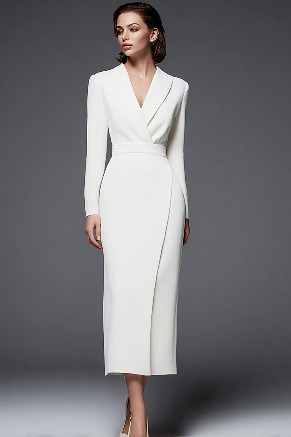 Zapakasa Women Simple Ivory Shawl Lapel Long Blazer Dress Pencil Work Dress with Sleeves Zapakasa Women Simple Ivory Shawl Lapel Long Blazer Dress Pencil Work Dress with Sleeves