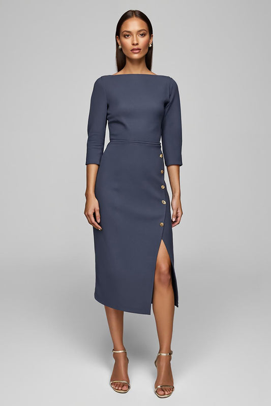 Twilight Pencil Bateau Neck Button Midi Work Dress with Slit