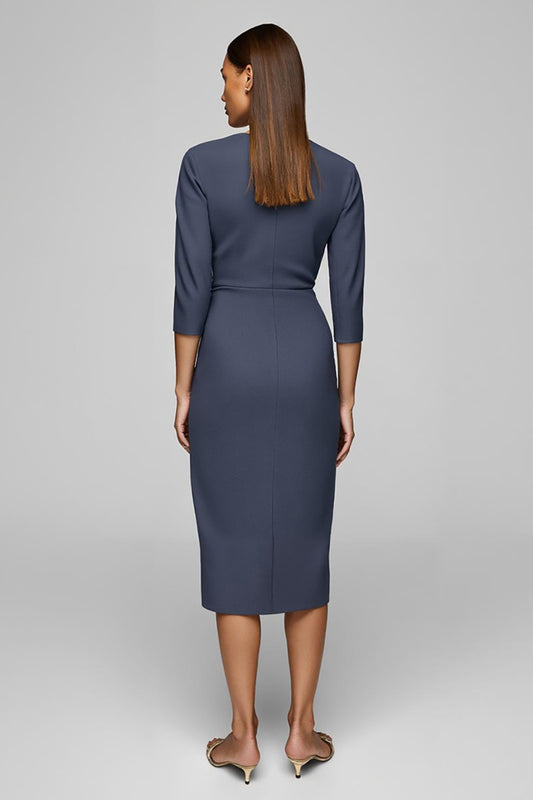 Twilight Pencil Bateau Neck Button Midi Work Dress with Slit