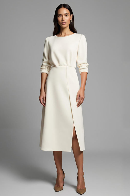 Pencil Boat Neck Ivory Midi Work Dress with Slit