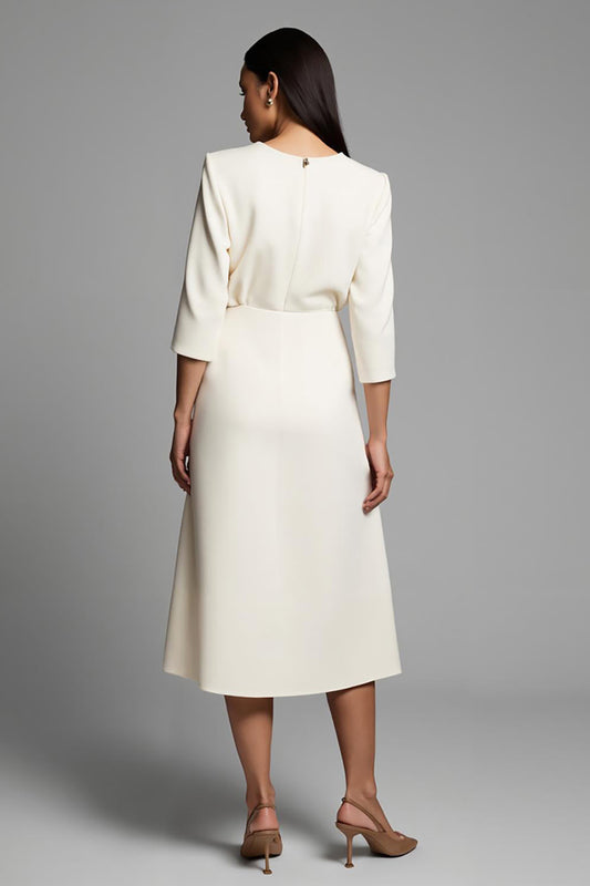Pencil Boat Neck Ivory Midi Work Dress with Slit