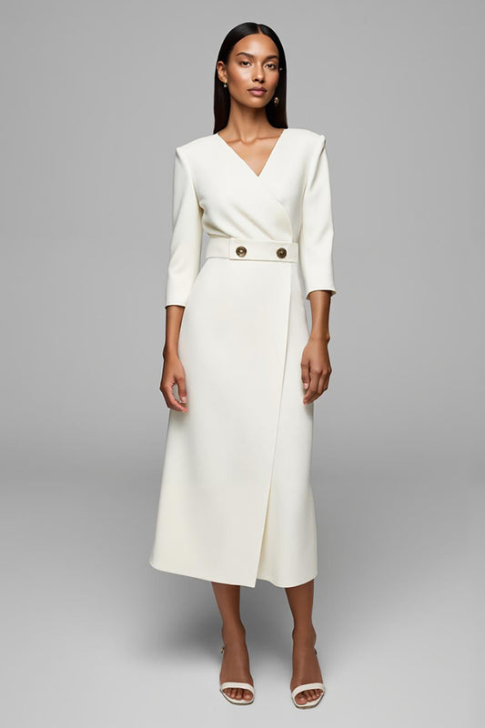 Ivory Pencil V-Neck 3/4 Sleeves Long Work Dress with Buttons