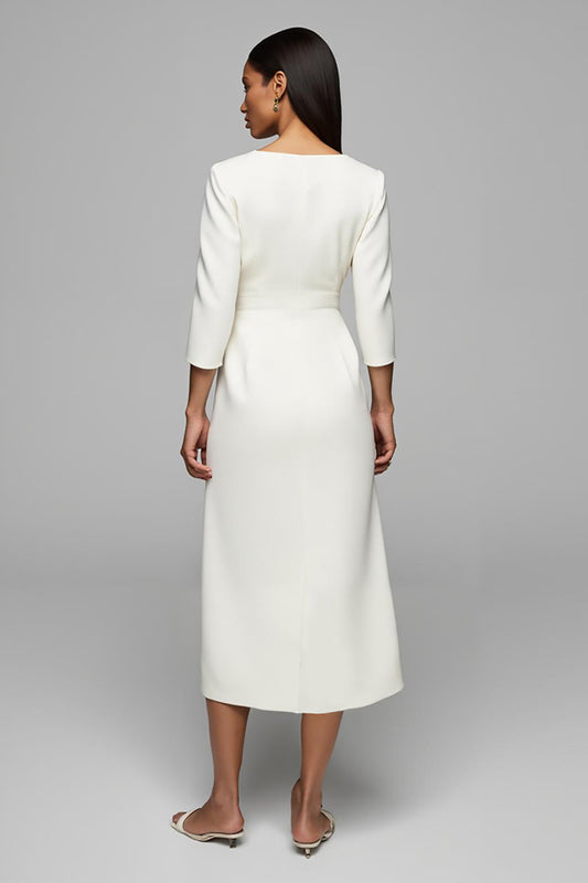 Ivory Pencil V-Neck 3/4 Sleeves Long Work Dress with Buttons