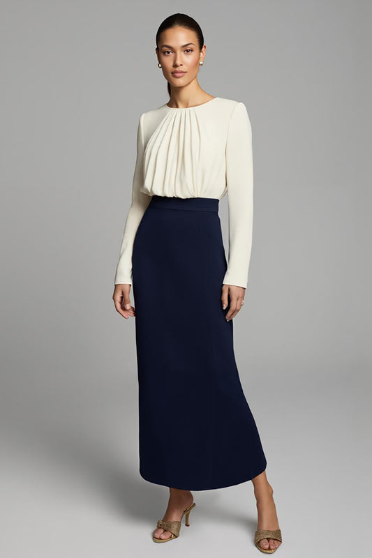 Navy and White Pencil Long Sleeves Ruched Work Dress