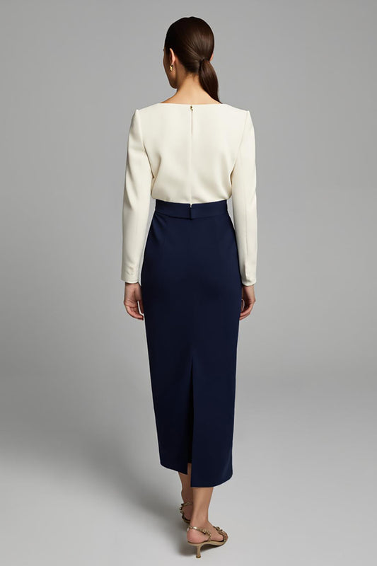 Navy and White Pencil Long Sleeves Ruched Work Dress