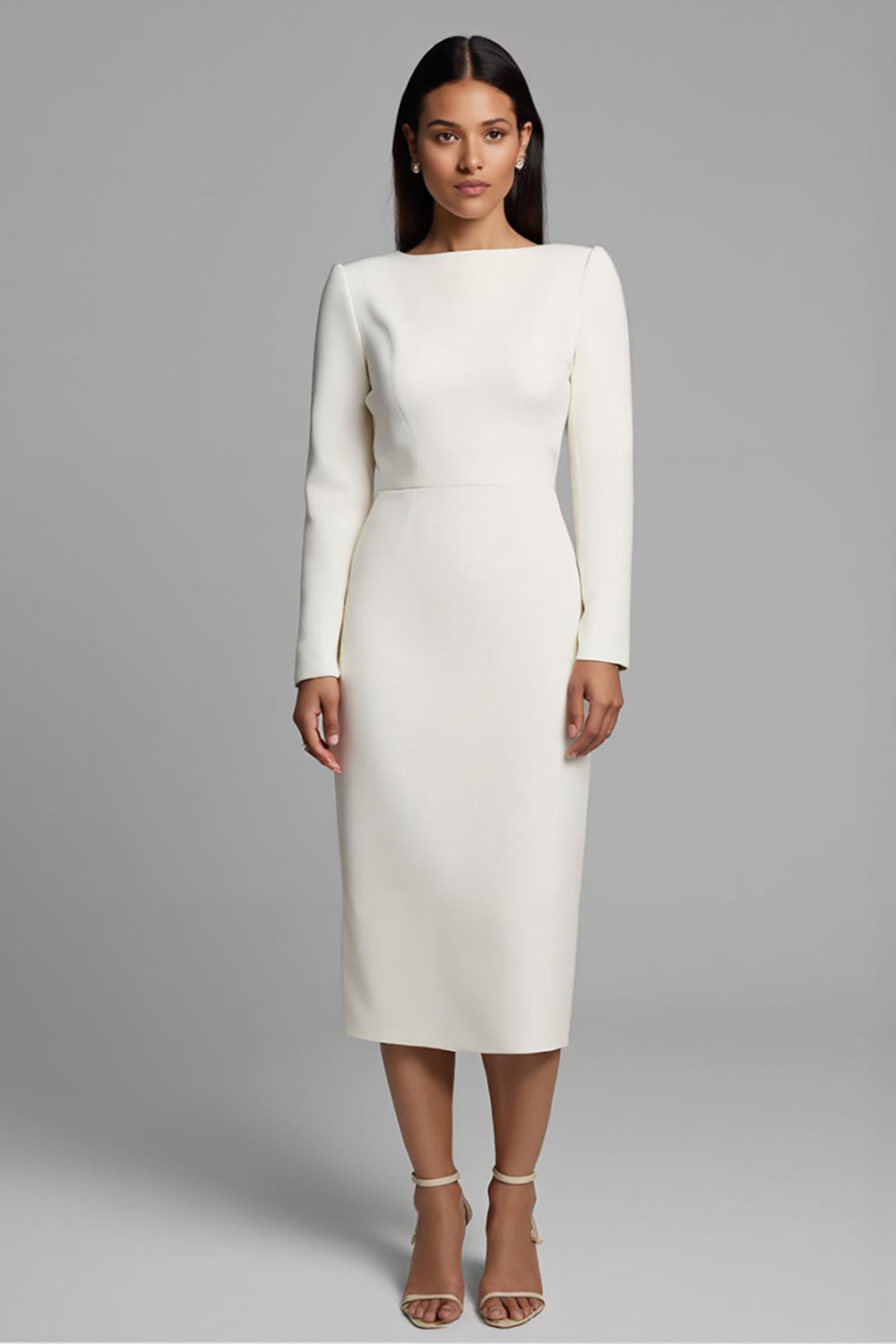 Zapakasa Women Simple Ivory Pencil Midi Work Dress Long Sleeves Bodycon Bateau Neck Business Dress