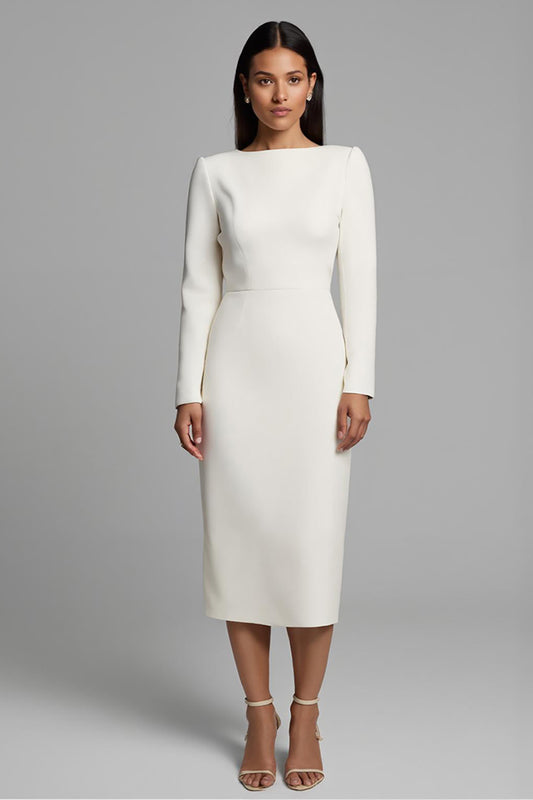 Simple Ivory Pencil Bateau Neck Midi Work Dress with Slit