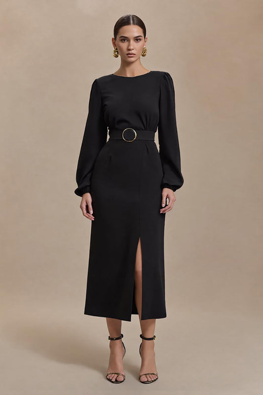 Black Long Sleeves Pencil Open Back Work Dress with Slit