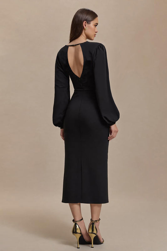 Black Long Sleeves Pencil Open Back Work Dress with Slit