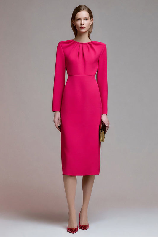 Fuchsia Round Neck Ruched Pencil Midi Work Dress with Sleeves
