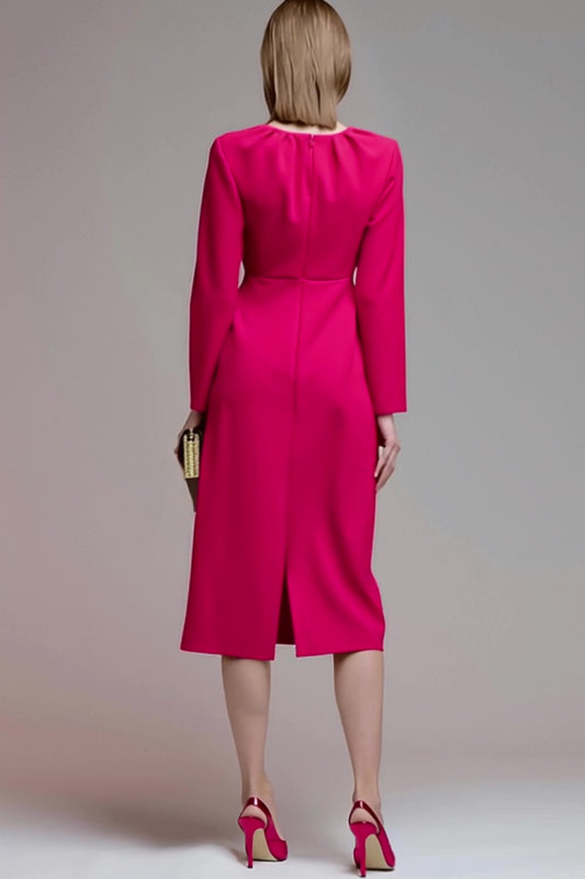 Fuchsia Round Neck Ruched Pencil Midi Work Dress with Sleeves