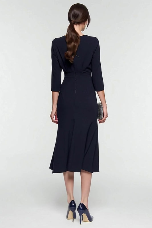 Black and White Patchwork Lapel Neck 3/4 Sleeves Midi Work Dress