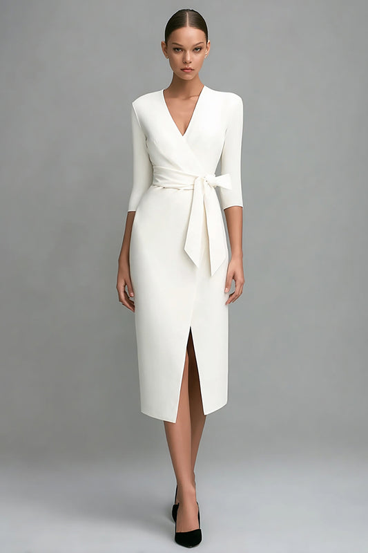 Ivory 3/4 Sleeves Pencil Midi V-Neck Work Dress with Sash