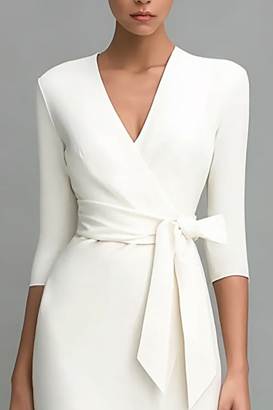 Ivory 3/4 Sleeves Pencil Midi V-Neck Work Dress with Sash
