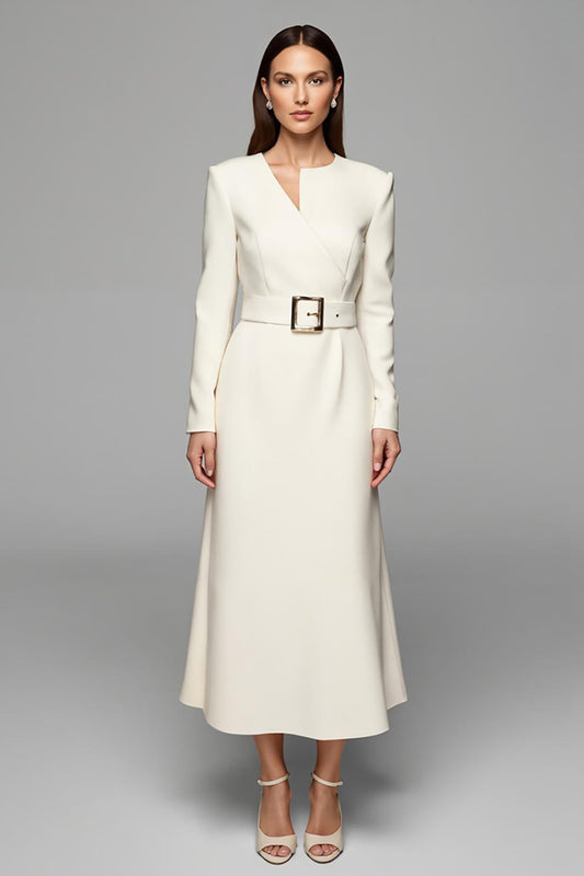 Ivory Asymmetrical Neck Long Sleeves Work Dress with Belt