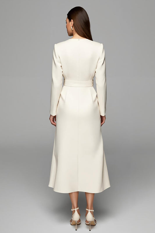 Ivory Asymmetrical Neck Long Sleeves Work Dress with Belt