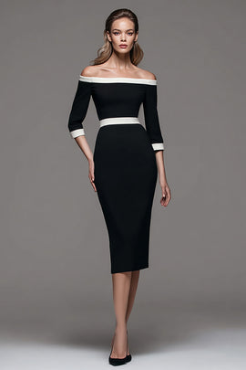 Black and White Patchwork Off the Shoulder Pencil Midi Work Dress
