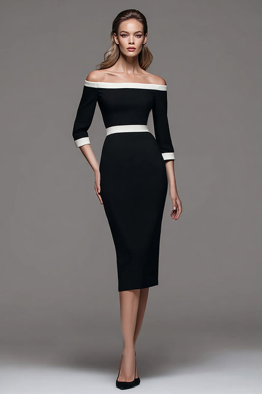Black and White Patchwork Off the Shoulder Pencil Midi Work Dress