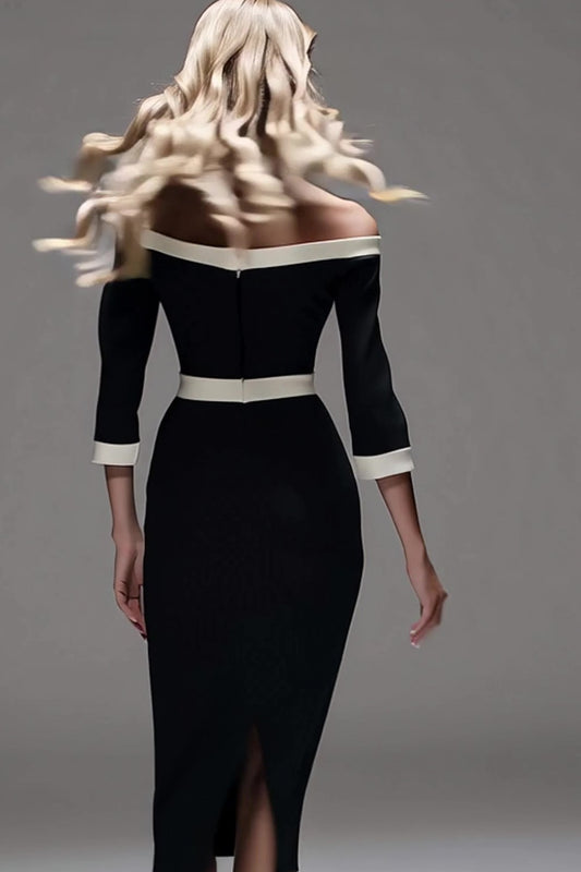 Black and White Patchwork Off the Shoulder Pencil Midi Work Dress