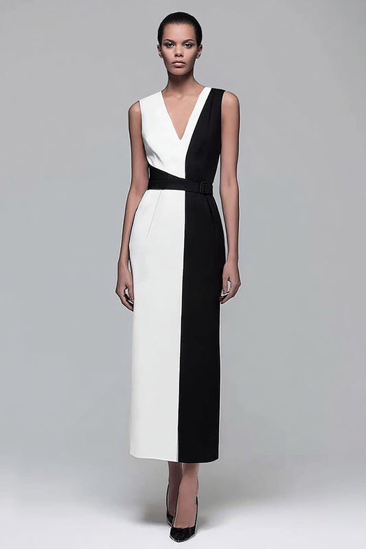 Black and White Patchwork Pencil V-Neck Long Work Dress