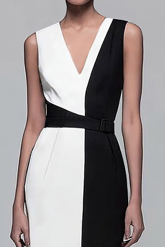 Black and White Patchwork Pencil V-Neck Long Work Dress