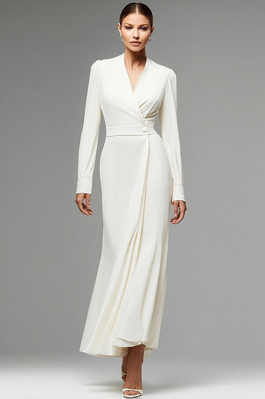 Ivory Chiffon V-Neck Ruched Long Sleeves Work Dress