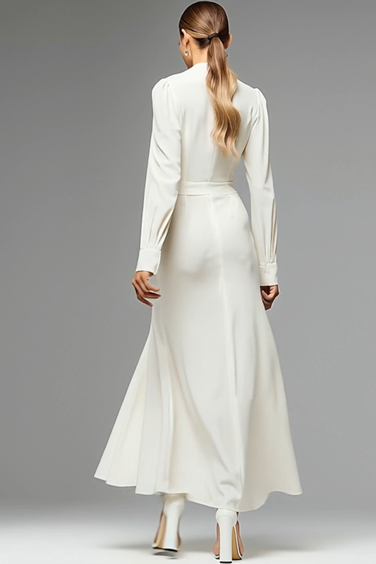 Ivory Chiffon V-Neck Ruched Long Sleeves Work Dress