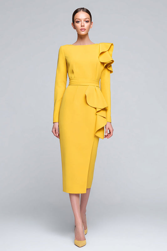 Yellow Bateau Neck Pencil Long Ruffled Work Dress with Sleeves