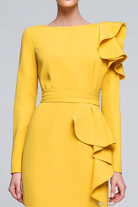 Yellow Bateau Neck Pencil Long Ruffled Work Dress with Sleeves