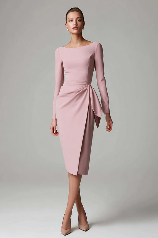 Pink Satin Ruched Pencil Boat Neck Midi Work Dress with Sash