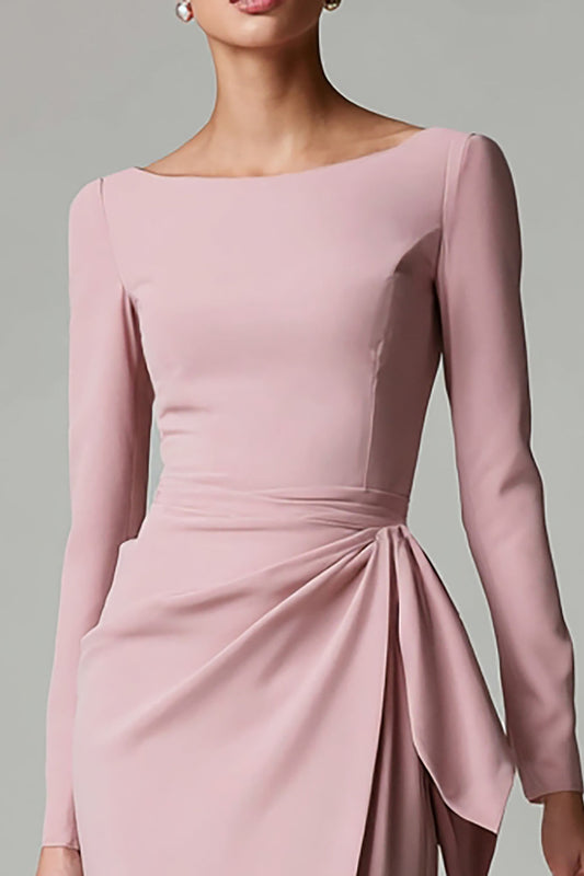 Pink Satin Ruched Pencil Boat Neck Midi Work Dress with Sash