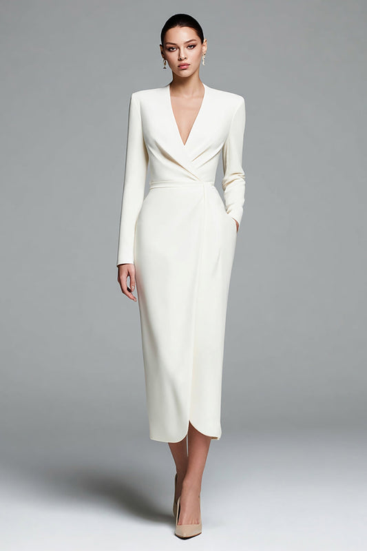 Ivory Satin V-Neck Sheath Long Sleeves Work Dress