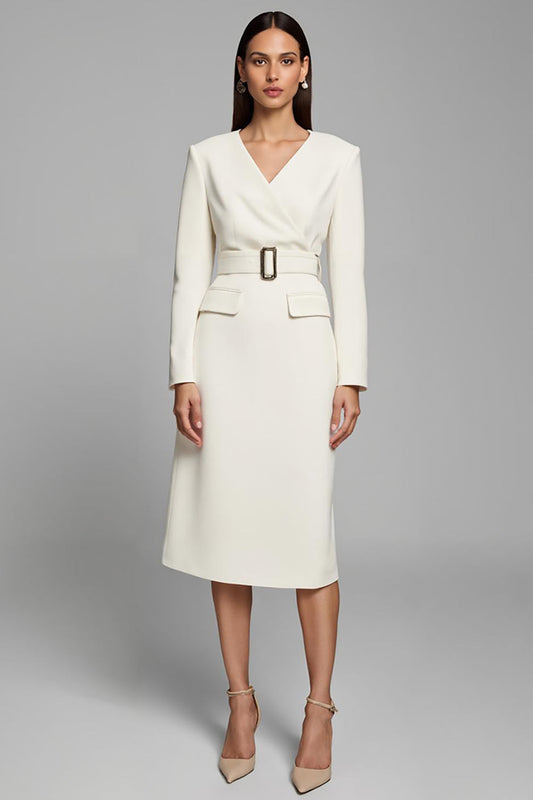 Ivory V-Neck Pencil Long Sleeves Midi Work Dress with Belt