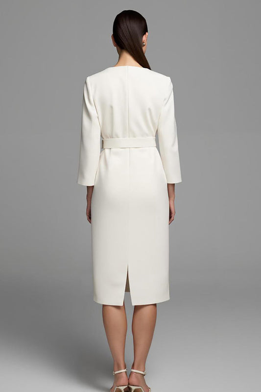 Ivory V-Neck Pencil Long Sleeves Midi Work Dress with Belt