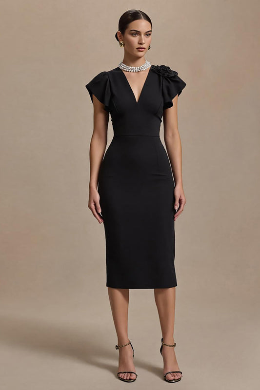 Black Satin V-Neck Pencil Midi Work Dress with Ruffles