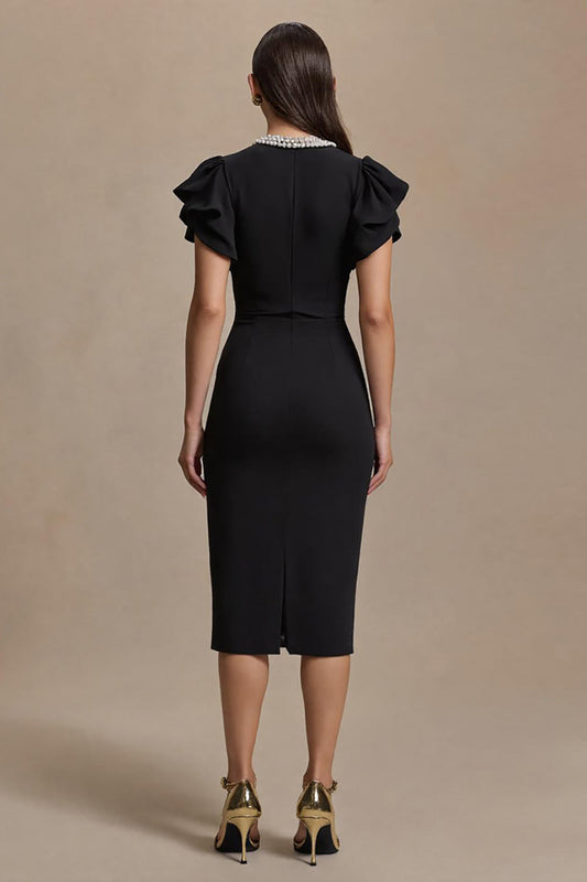 Black Satin V-Neck Pencil Midi Work Dress with Ruffles