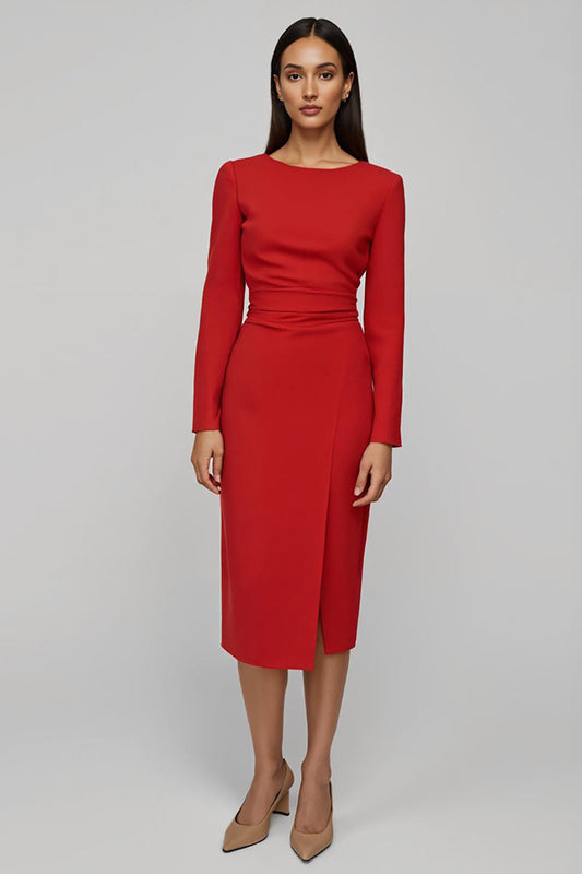 Red Sheath Satin Long Sleeves Midi Work Dress with Slit