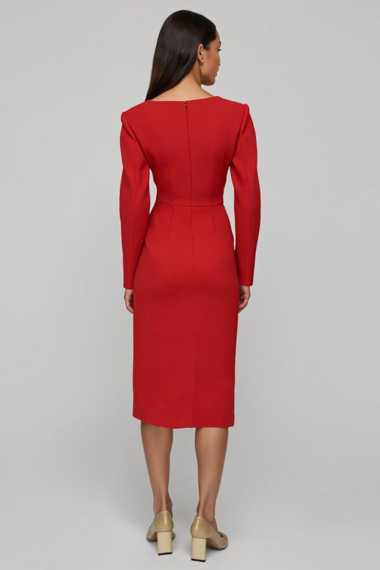 Red Sheath Satin Long Sleeves Midi Work Dress with Slit