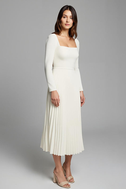Ivory Pleated Square Neck A Line Long Sleeves Work Dress