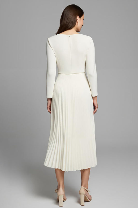 Ivory Pleated Square Neck A Line Long Sleeves Work Dress