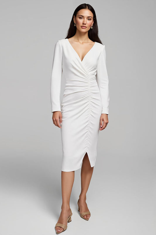 Ivory Satin Ruched V-Neck Pencil Midi Work Dress with Sleeves