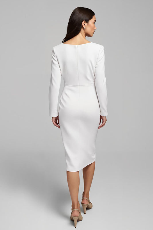 Ivory Satin Ruched V-Neck Pencil Midi Work Dress with Sleeves