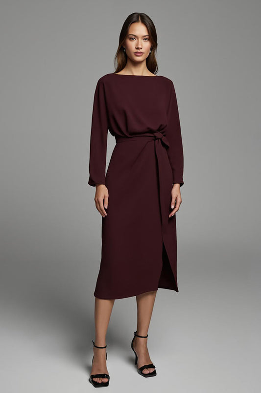 Cabernet Satin Bateau Neck Long Sleeves Midi Work Dress with Slit