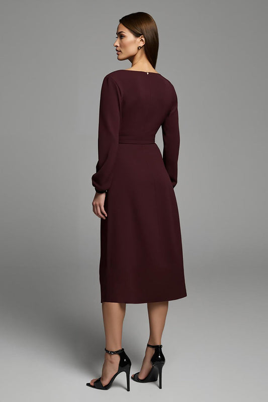 Cabernet Satin Bateau Neck Long Sleeves Midi Work Dress with Slit