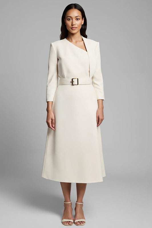 Ivory Asymmetrical Neck Long Sleeves A Line Work Dress with Belt