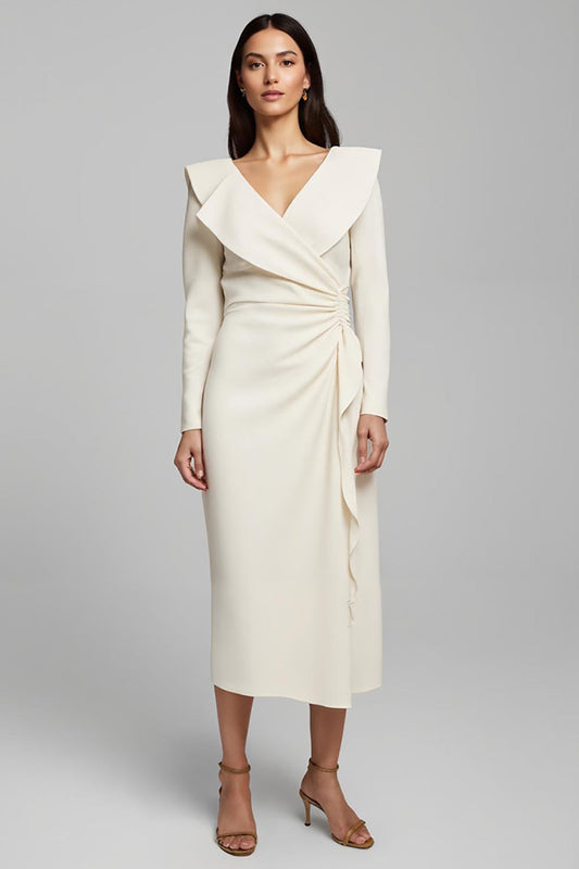 Ivory Satin V-Neck Pencil Long Sleeves Work Dress with Ruffles