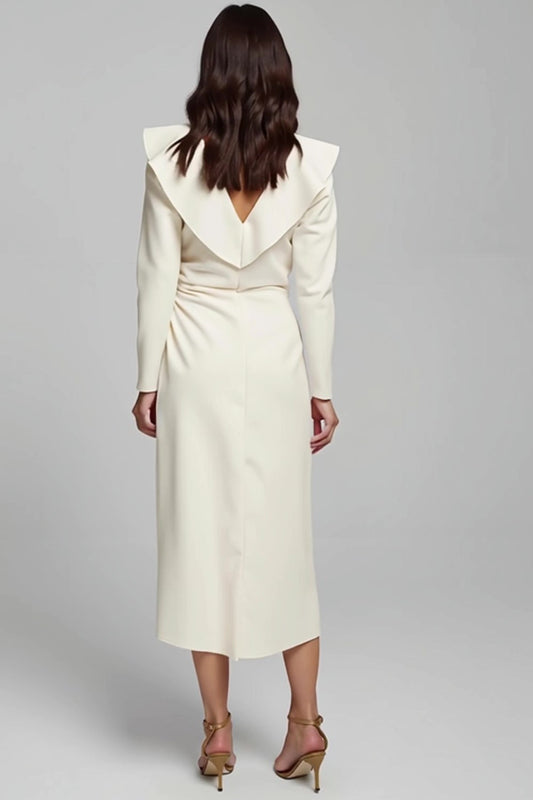 Ivory Satin V-Neck Pencil Long Sleeves Work Dress with Ruffles