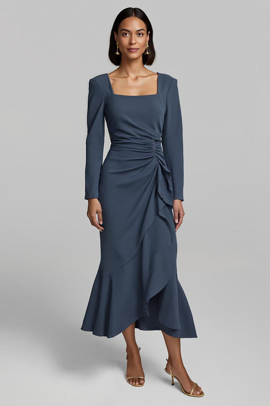 Twilight Square Neck Satin Ruched Long Work Dress with Ruffles