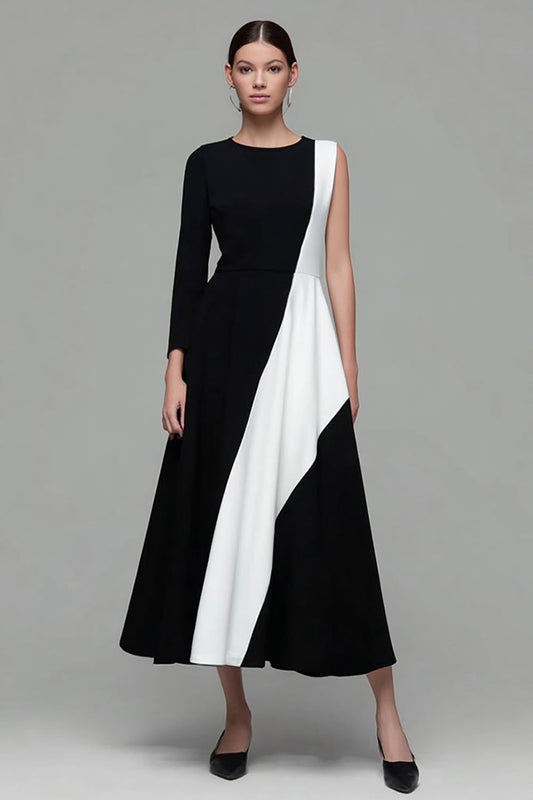 Black and White Jewel Neck A Line Work Dress with Sleeves